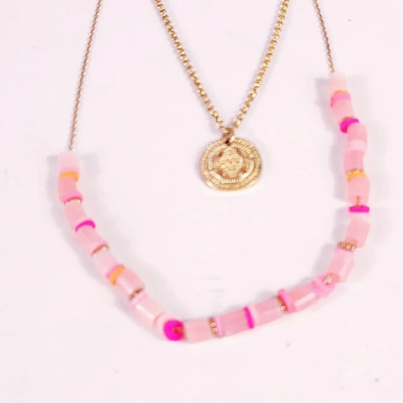 Delicate Necklace Set Pink Minimal Beachy Beaded Gold Tone Charm Coin 2 … - Picture 5 of 10